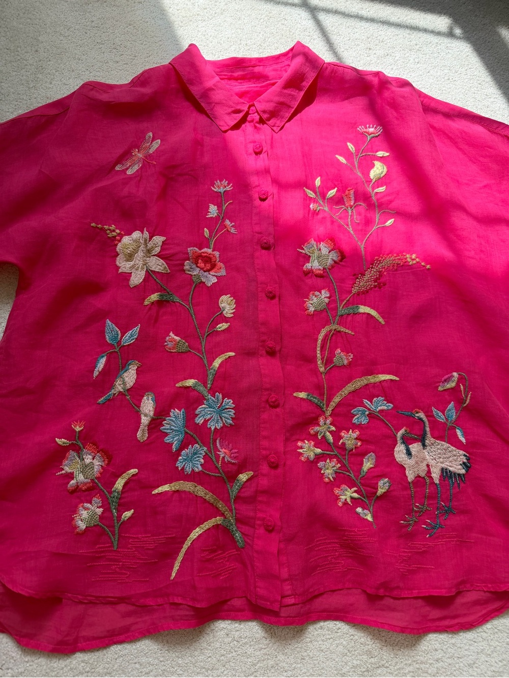 JOHNNY WAS Geniveve Relaxed Dolman Shirt Embroidered Floral Birds - Picture 6 of 13